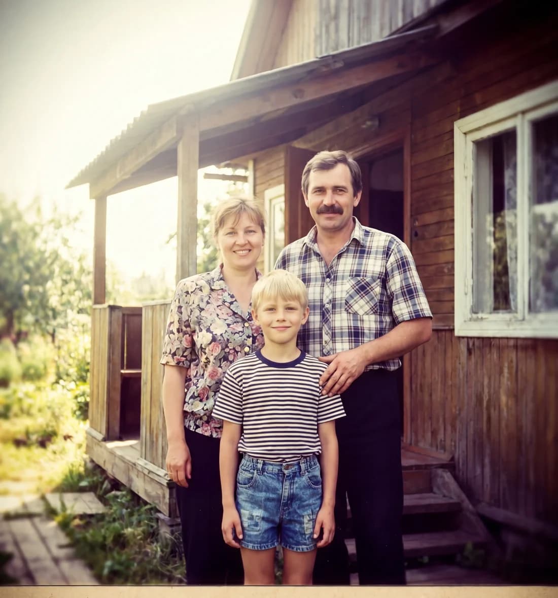 Семейное фото 1991 года: родители с сыном у дачи